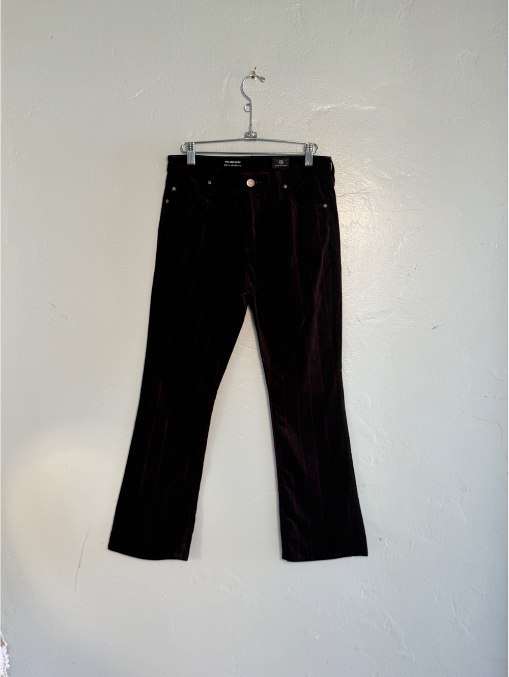ADRIANO GOLDSCHMIED Jodi Crop Burgandy Velvet Pants with Magenta Pinstripe